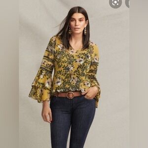 CAbi‎ Scene Blouse Mustard Yellow Floral Sheer V Neck 5518 Large
